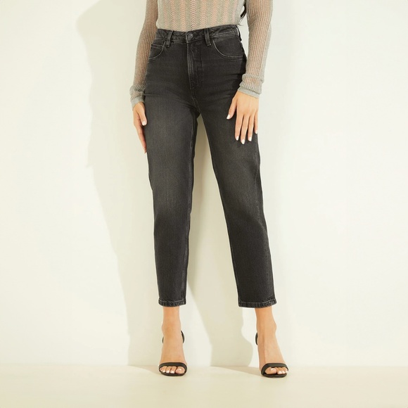 Guess Eco High-Rise Mom Denim Jeans In Authentic Black Wash - Picture 1 of 12